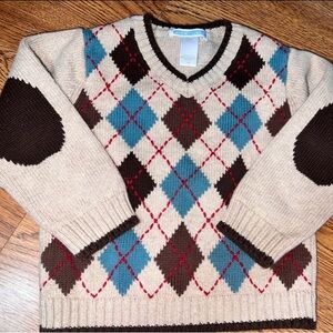 Janie and Jack V-Neck Argyle Sweater - Cream, Blue, Brown